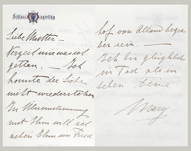 Mary Vetseras Abschiedsbrief an ihre Mutter, Kursivschrift auf einem Blatt Papier