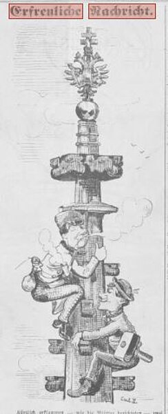 Karikatur, zwei Männer klettern auf eine Turmspitze, Titel "Erfreuliche Nachricht" markiert