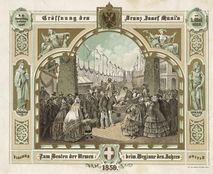 Eröffnung des Franz-Josefs-Kais, 1. Mai 1858, Menschenmenge und Kaiser in Kutsche