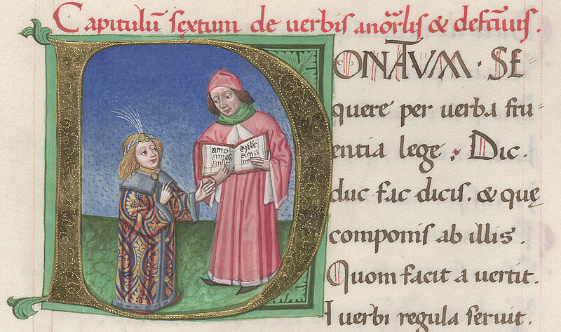 Maximilian mit seinem Lehrer, der ein Buch mit Formen des lateinischen Worts amare hält (Lehrbuch Maximilians, Cod. 2289 fol. 26r, Detail)