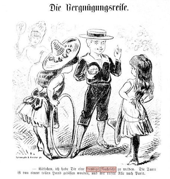 Zeichnung von zwei Mädchen, die einen Jungen mit Hut ansehen, darüber steht "Vergnügungsreise". Darunter sind die Wörter "freudige Nachricht" markiert. 