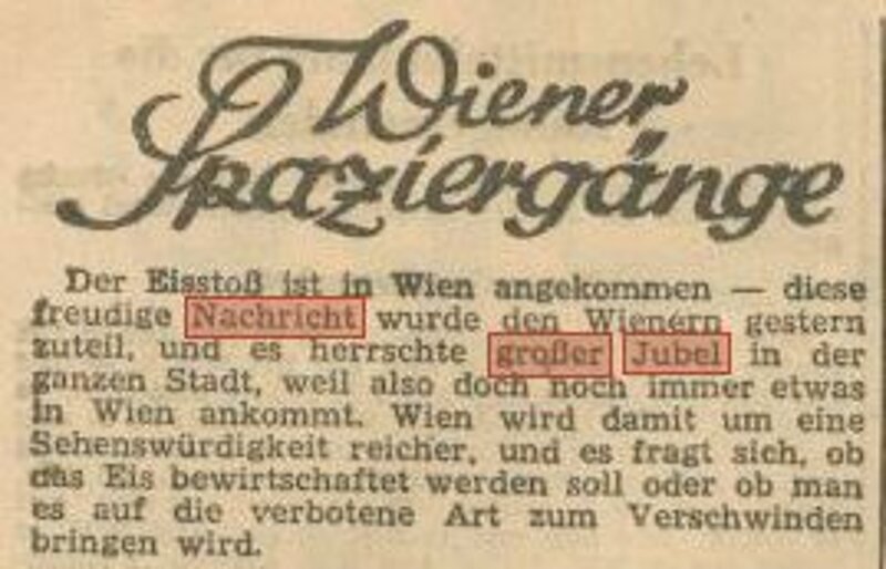 Zeitungsartikel mit Titel "Wiener Spaziergänge", die Wörter "Nachricht" und "großer Jubel" sind markiert