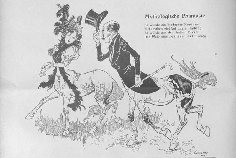 Zeichnung von einer Frau und einem Mann, die halb Pferd sind. Der Mann zieht seinen Hut