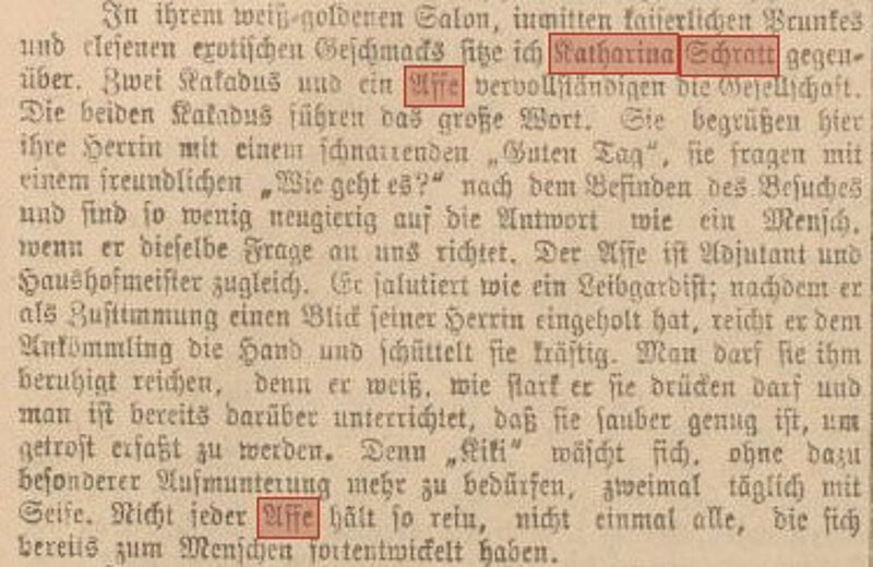 Alter Zeitungsartikel, darin rot markiert die Wörter "Katharina Schratt" und zwei Mal "Affe"