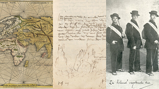 Collage aus drei Bildern: Weltkarte, Handschrift, schwarz-weißes Foto von drei Personen.