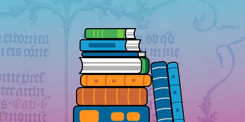 Zeichnung eines bunten Bücherstapels.