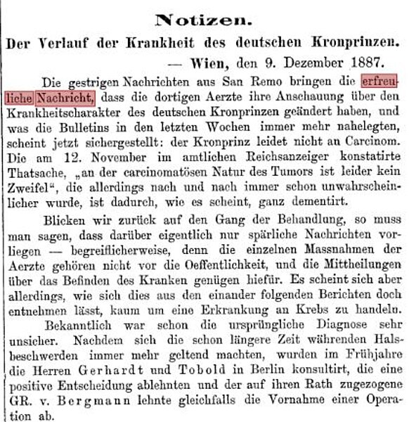 Zeitungsartikel, "Der Verlauf der Krankheit des deutschen Kronprinzen", Wörter "erfreuliche Nachricht" markiert