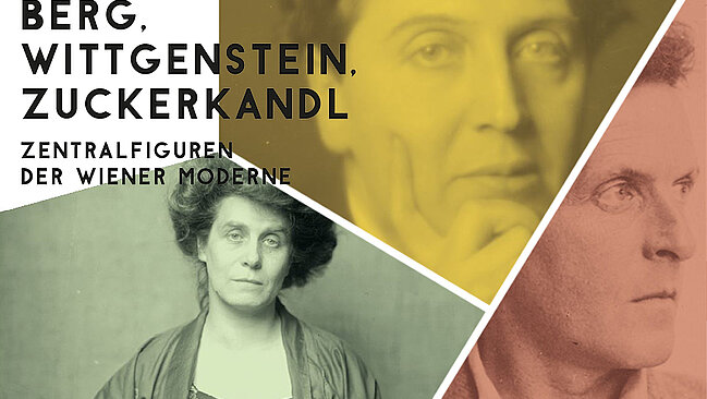 Sujet der Sonderausstellung Berg, Wittgenstein Zuckerkandl. Die drei Personen im Porträt abgebildet.