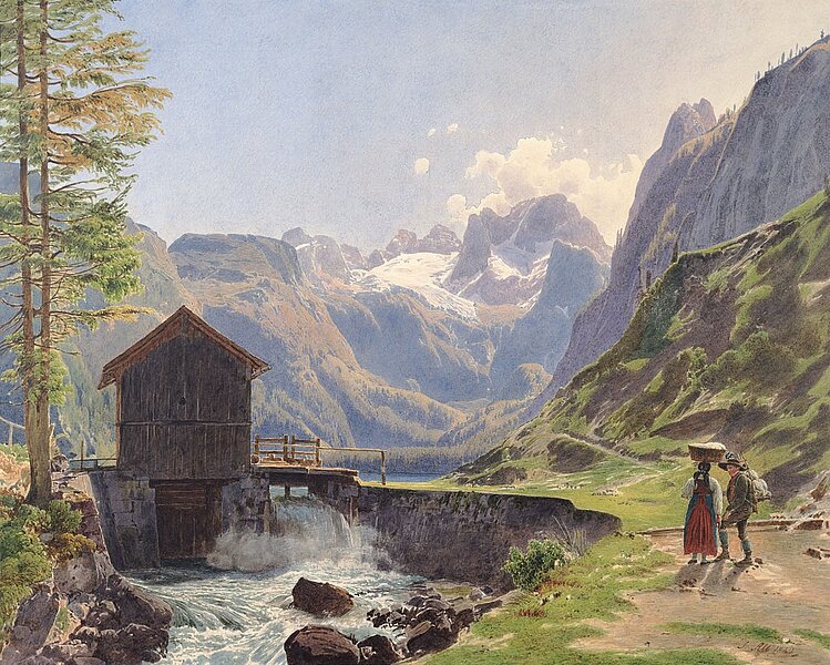 Gebirgsbach, Mann und Frau daneben, im Hintergrund Bergkulisse