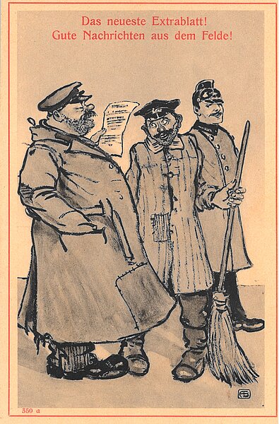 Zeichnung von einem Soldaten, einem Mann mit Besen und einem, der einen Zettel hält. Titel: "Das neueste Extrablatt! Gute Nachrichten aus dem Felde!"