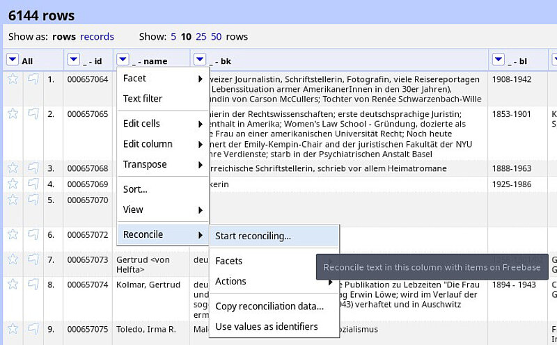 Screenshot Suche in Datenbank, Reconciling