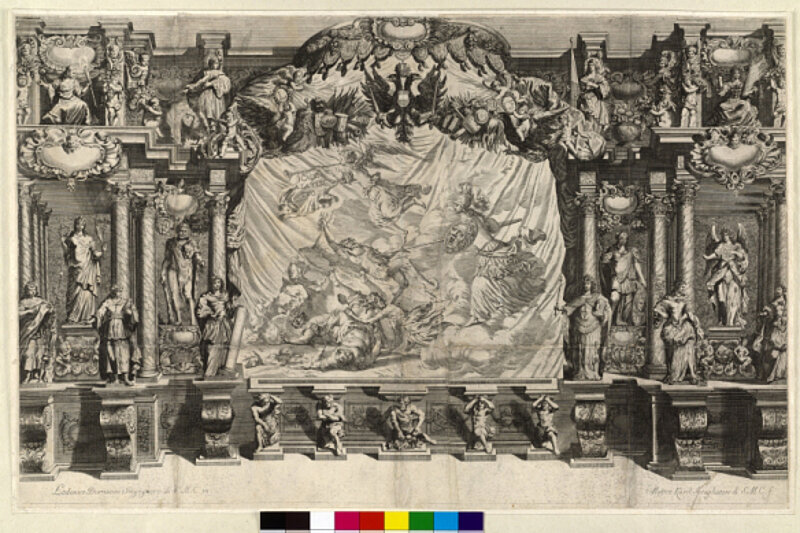 Zeichnung, schwarz-weiß, von einem bemalten Vorhang inmitten von Statuen