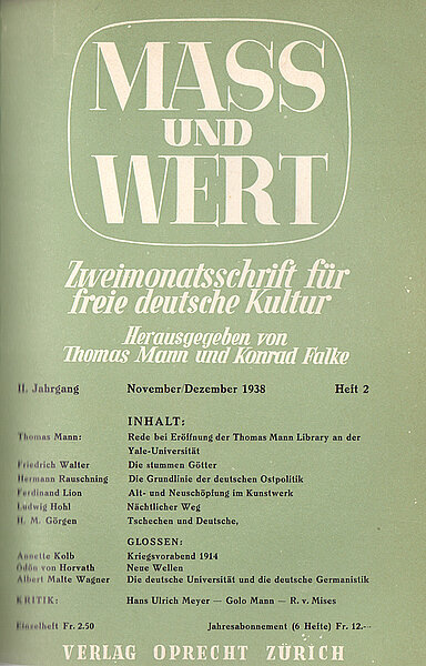 Grünes Cover der Zeitschrift "Mass und Wer"