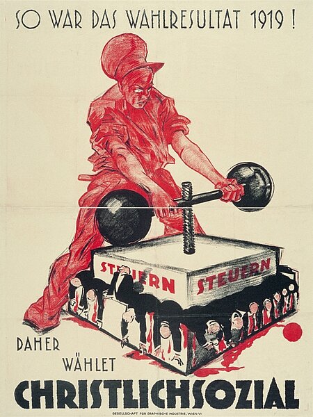 Illustration, eine Person in Rot zerquetscht kleinere Menschen mit "Steuern"