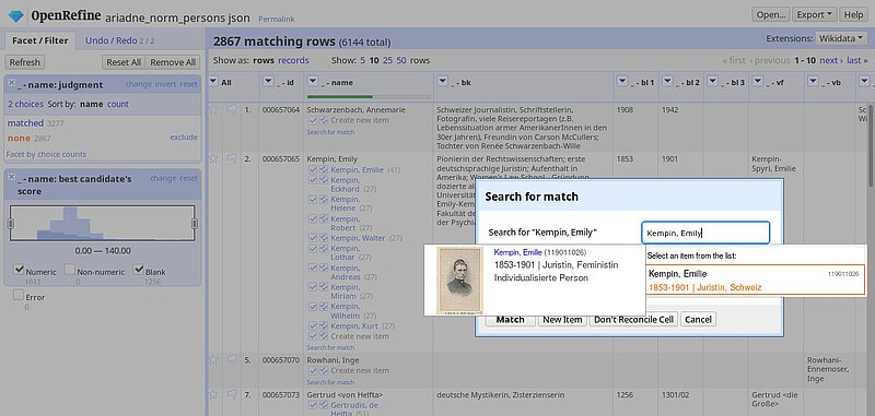 Screenshot, Suche in Datenbank nach Kempin, Emily