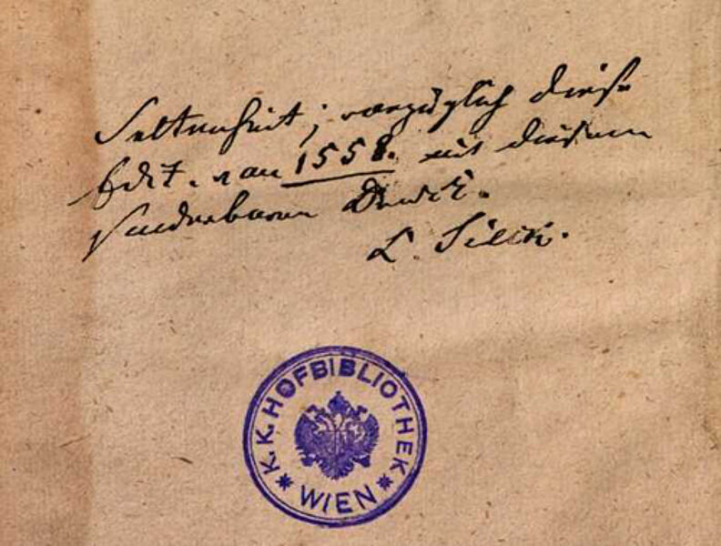 Alter Zettel mit Handschrift und Stempel der K. und K. Hofbibliothek
